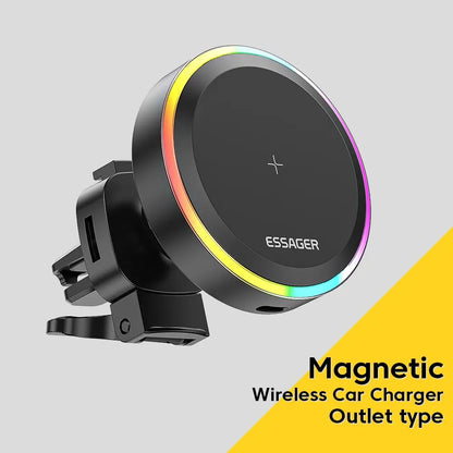Essager RGB Magnetic Car Phone Holder Qi 15W Wireless Charger Car For iPhone 14 13 Pro Max Samsung Phone Holder Stand Outlet type