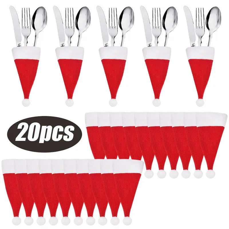 Christmas Tableware Holder Bag Xmas Hat Fork Knife Cutlery Bags 2023 Christmas Decorations for Home Table Navidad New Year 2024 20pcs