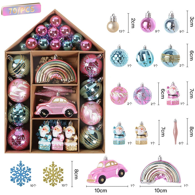 70Pcs Christmas Ball Ornaments Snowflake Snowman Star Xmas Tree Hanging Pendants Noel Navidad Home Decoration 2024 New Year Gift Set-D as picture