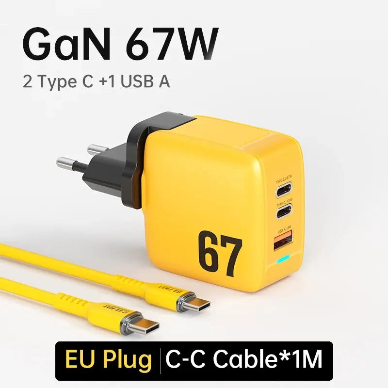 WEKOME GaN 40W/67W/100W Type C Charger Portable USB Charger Adapter QC4.0 PD PPS Fast Charging for iPhone Samsung Xiaomi Macbook EU 67W C- C Cable Yellow