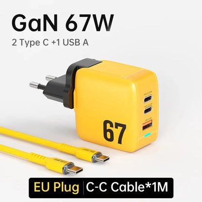 WEKOME GaN 40W/67W/100W Type C Charger Portable USB Charger Adapter QC4.0 PD PPS Fast Charging for iPhone Samsung Xiaomi Macbook EU 67W C- C Cable Yellow