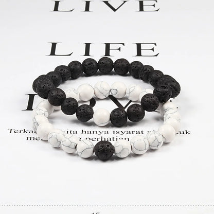 Set Bracelet Couples Distance Black White Natural Lava Stone Tiger Eye Beaded Yoga Bracelets for Men Women Elastic Rope Jewelry