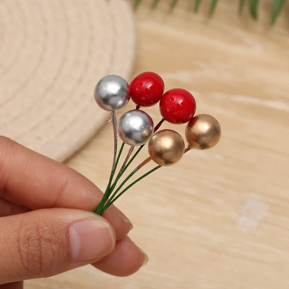 100pcs Artificial Berries Gold Silver Red Cherry Stamen Mini Fake Flowers Pearl Beads for DIY Christmas Party Craft Decoration