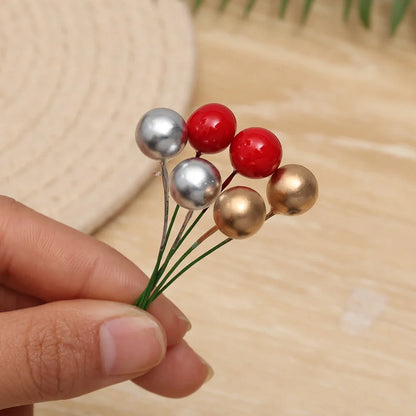 100pcs Artificial Berries Gold Silver Red Cherry Stamen Mini Fake Flowers Pearl Beads for DIY Christmas Party Craft Decoration