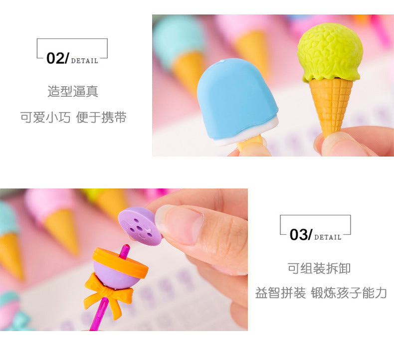 4pcs Yummy Icecream Erasers Set Mini Lollipop Dessert Popsicle Donuts Rubber Pencil Eraser for Kids Gift School Student Award