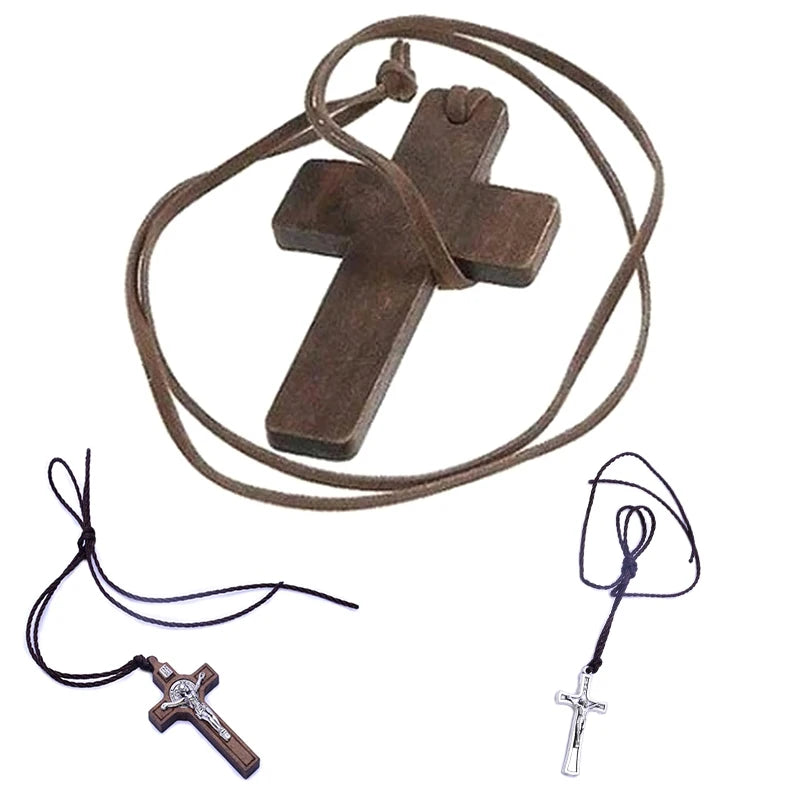 Retro Men Women Necklace with Brown/Black Rope Cross Pendant Christian Religious Natural Wooden for Children Boys Girls