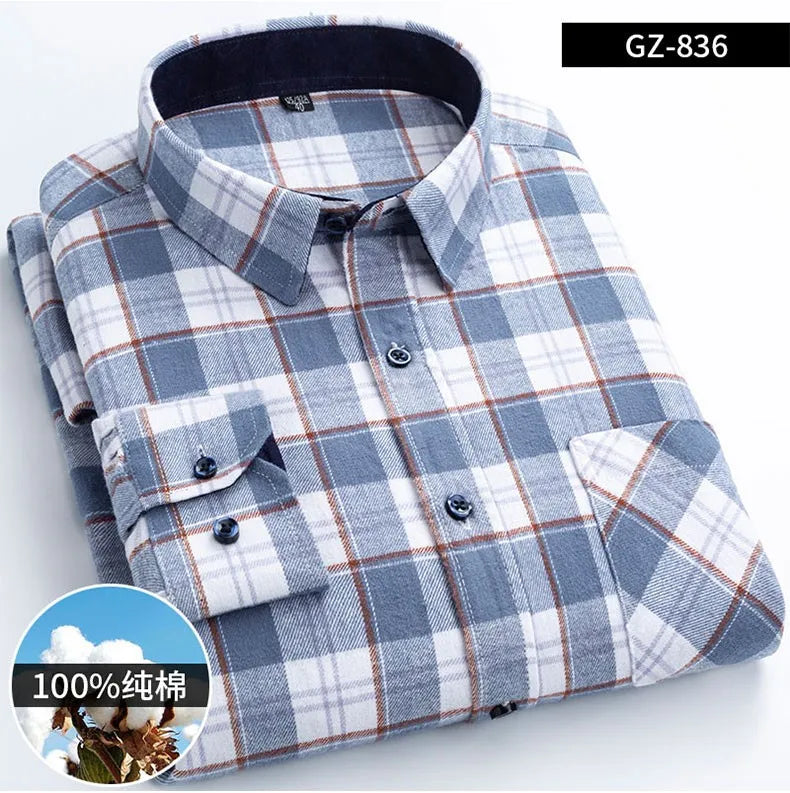 Long Sleeve Regular Fit Home New Spring Autumn 100% Cotton Plaid Mens Shirts Casual for Man Clothes Plus Size