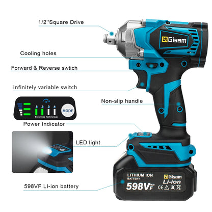 1200N.M Torque Brushless Electric Impact Wrench 1/2 Inch Cordless Electric Wrench Screwdriver Power Tools For Makita 18V Battery