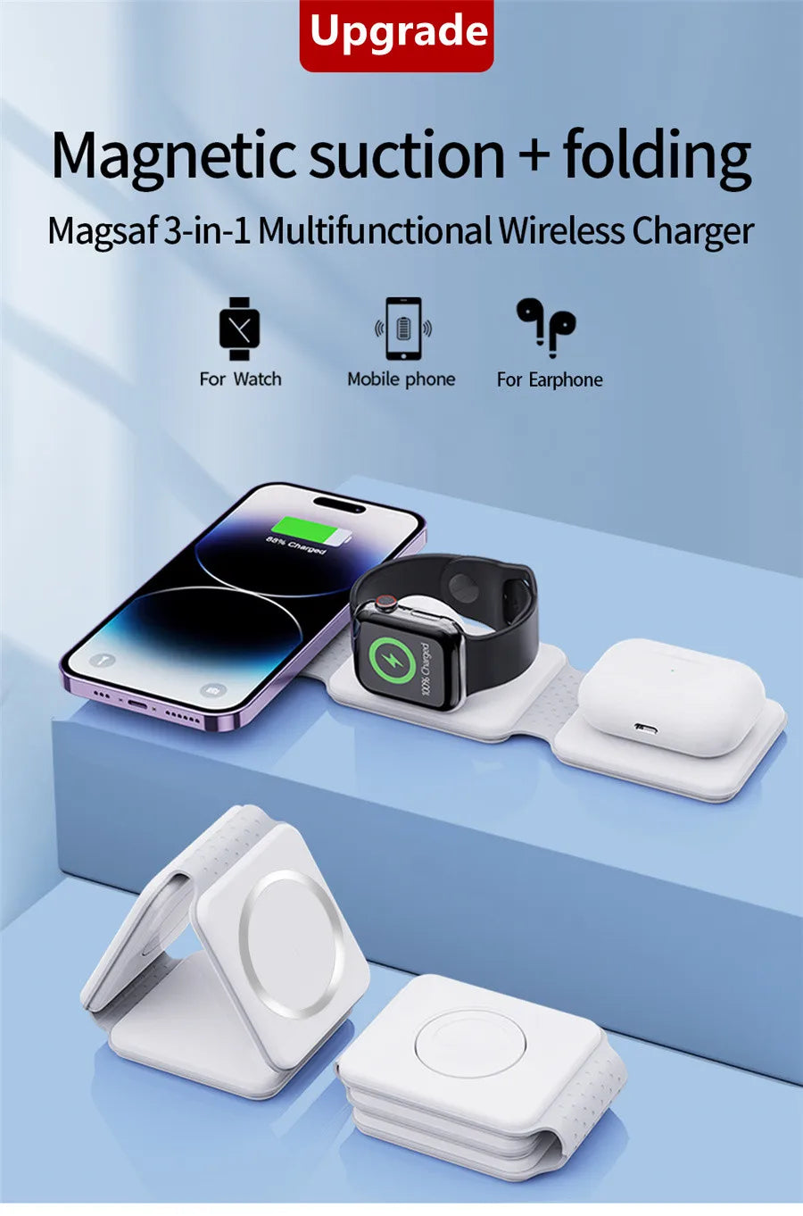 3 in 1 Magnetic Wireless Charger Pad Foldable Phone Chargers Stand For iPhone 14 13 12 Airpods IWatch 7 6 5 Xiaomi Fast Charging