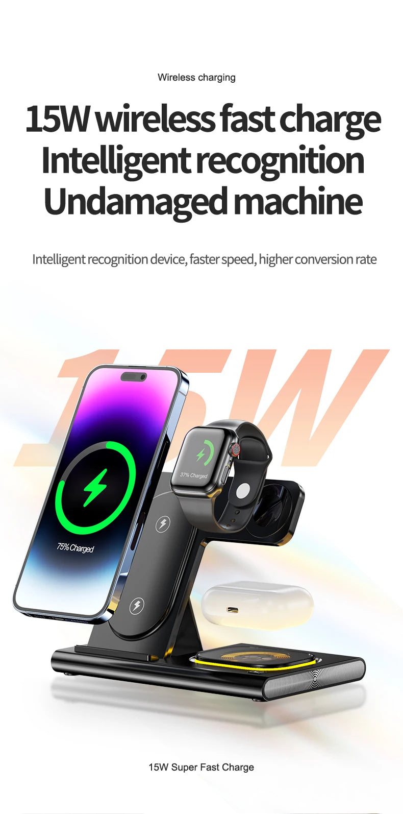 3 in 1 Wireless Charger Stand Pad For iPhone 15 14 13 12 Samsung S23 S22 Galaxy Watch 5 4 Active Buds Fast Charging Dock Station