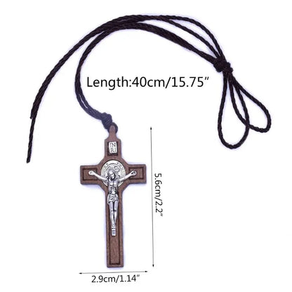 Retro Men Women Necklace with Brown/Black Rope Cross Pendant Christian Religious Natural Wooden for Children Boys Girls