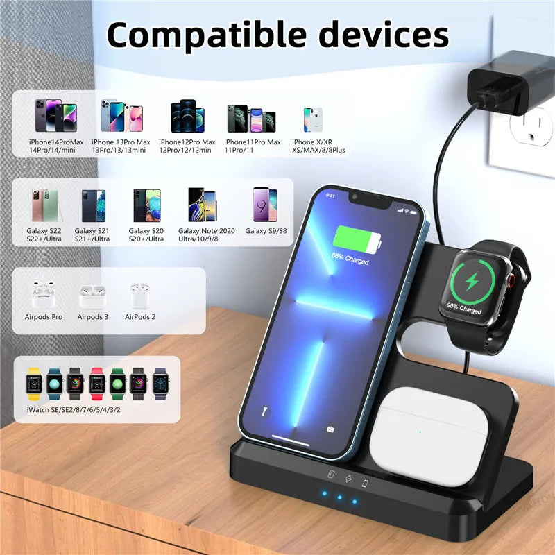 3 In 1 Wireless Charger Stand Pad For iPhone 15 14 13 Samsung S22 S21 Galaxy Watch 5 4 3 Active Buds Fast Charging Dock Station
