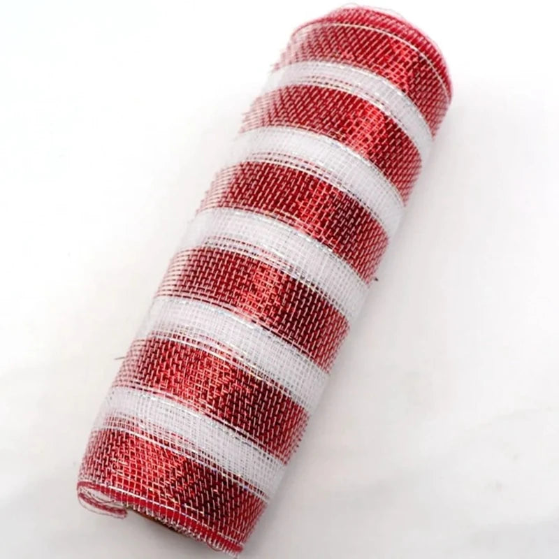 10Yard Christmas Red White Metallic Mesh Ribbon Xmas Tree Candy Cane Decoration Ornament DIY Wreath Bow 2024 New Year Gift 26cm