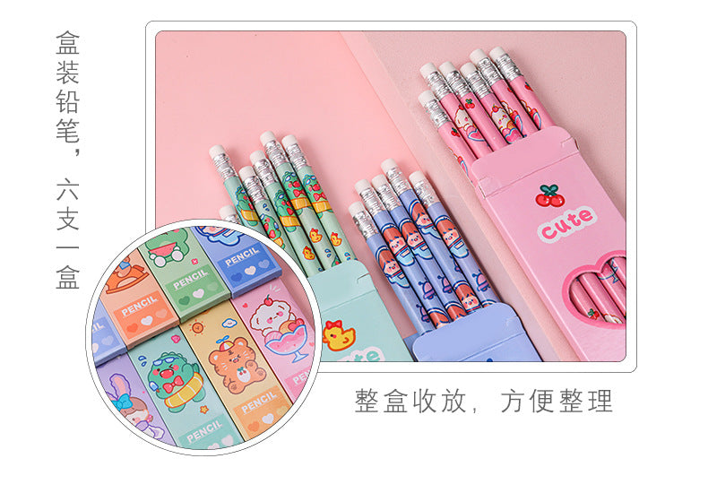 6 Pcs/Set Sweetheart Cute Pencil Children HB Painting Sketch Pen Primary School Students Writing Exam Stationery Supplies Gifts