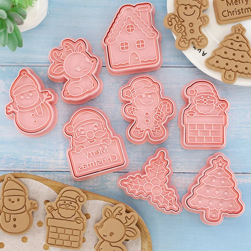 8Pcs 3D Christmas Cookie Cutters Biscuit Mold Santa Snowman Tree Elk Cookie Mould Stamp Xmas New Year Party Decor Baking Tools