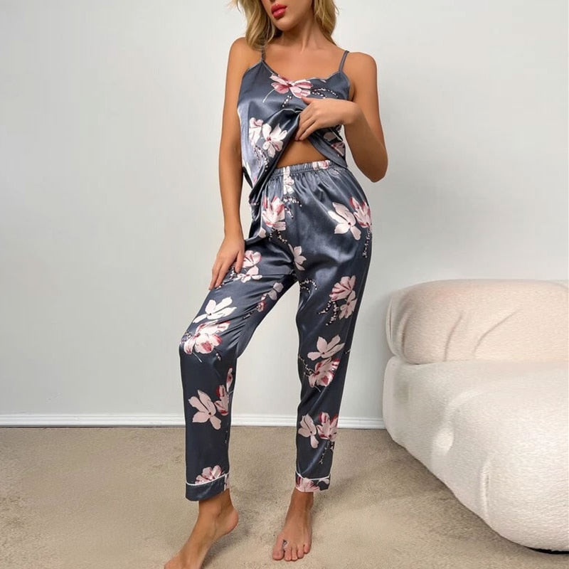 Silk Lingerie Pajama Set for Women Blue Flower