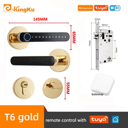 Smart Biometric Fingerprint Lock with Tuya App, Zinc Alloy Keyless Security Door Handle for Home 5072 gold tuya