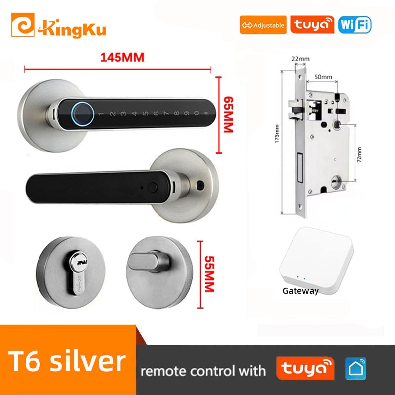 Smart Biometric Fingerprint Lock with Tuya App, Zinc Alloy Keyless Security Door Handle for Home 5072 silver tuya