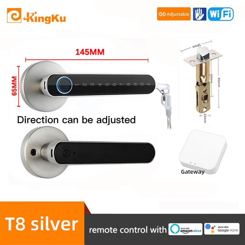 Smart Biometric Fingerprint Lock with Tuya App, Zinc Alloy Keyless Security Door Handle for Home t8 silver ttlock