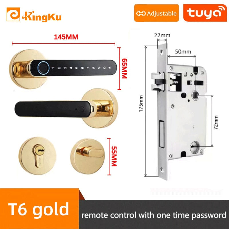 Smart Biometric Fingerprint Lock with Tuya App, Zinc Alloy Keyless Security Door Handle for Home 5072 gold Bluetooth