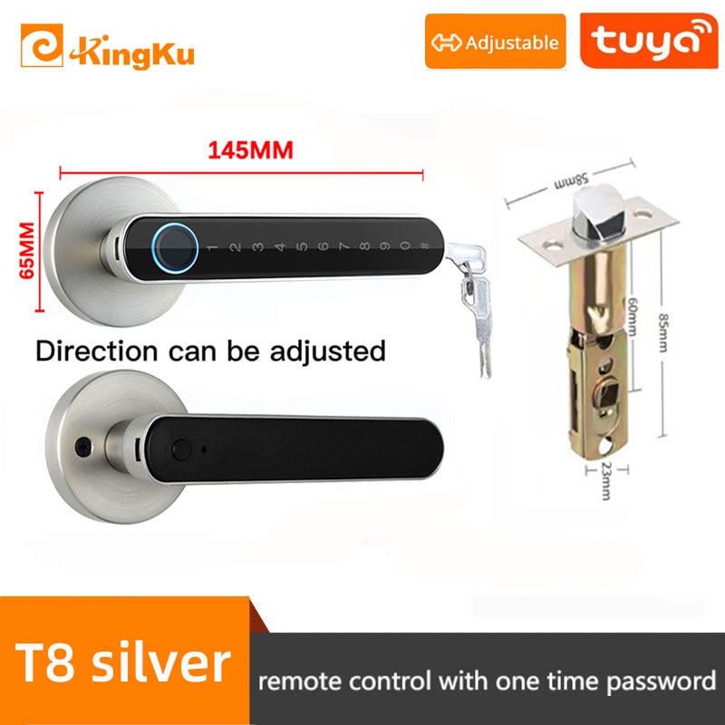 Smart Biometric Fingerprint Lock with Tuya App, Zinc Alloy Keyless Security Door Handle for Home t8 silver Bluetooth