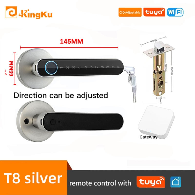 Smart Biometric Fingerprint Lock with Tuya App, Zinc Alloy Keyless Security Door Handle for Home t8 silver tuya