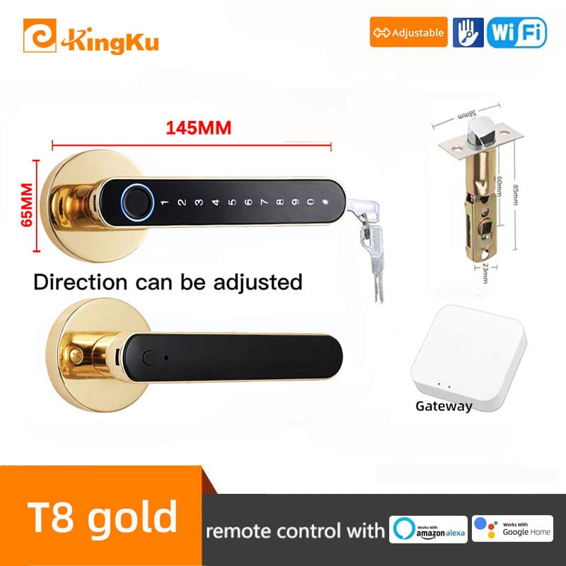 Smart Biometric Fingerprint Lock with Tuya App, Zinc Alloy Keyless Security Door Handle for Home t8 gold ttlock