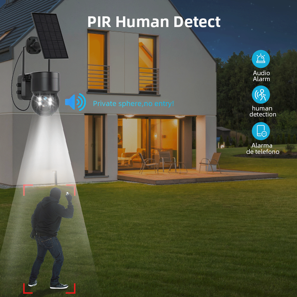 Solar-powered wireless outdoor surveillance camera with PTZ and built-in battery