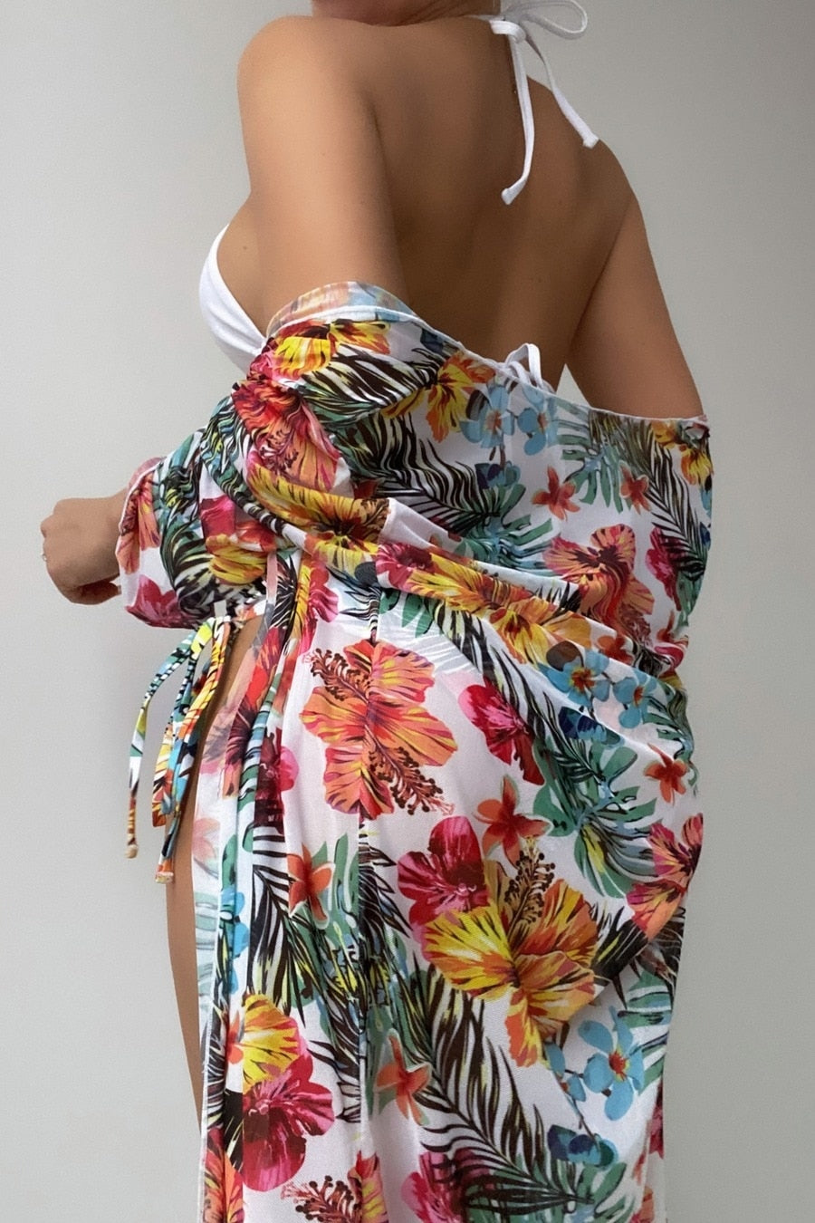 Split Mesh Blouse Printed Bikini Swimsuit Women's Three-piece Suit Bathing Suit Swimwear Women High Waist Swimsuit With Skirt