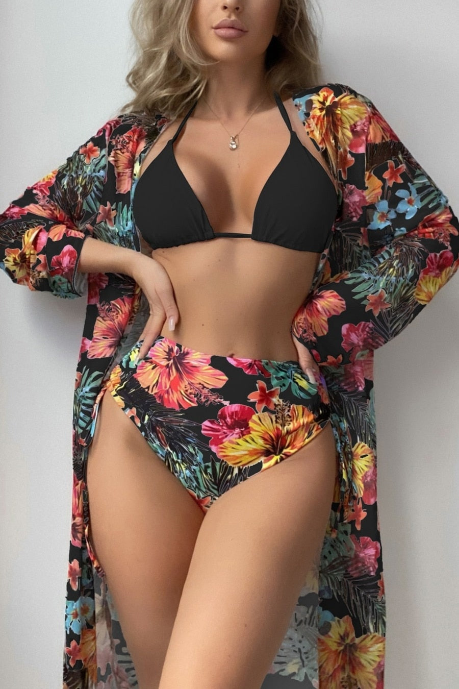 Split Mesh Blouse Printed Bikini Swimsuit Women's Three-piece Suit Bathing Suit Swimwear Women High Waist Swimsuit With Skirt