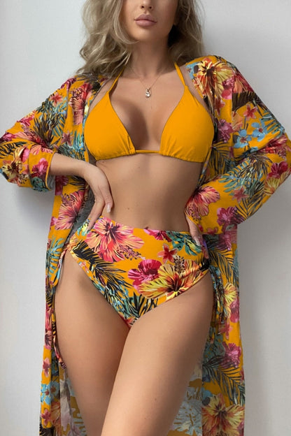 Split Mesh Blouse Printed Bikini Swimsuit Women's Three-piece Suit Bathing Suit Swimwear Women High Waist Swimsuit With Skirt