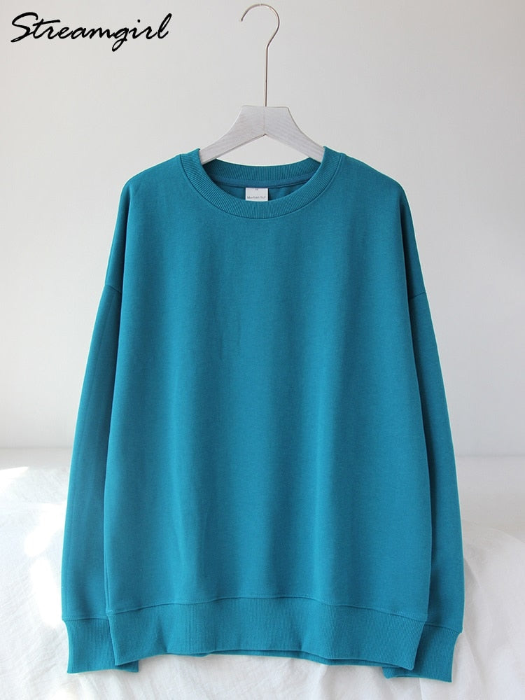 Spring Cotton Pullover Sweatshirts Oversize Women O Neck Loose Long Sleeve Top Solid Oversized Green Sweatshirt For Women