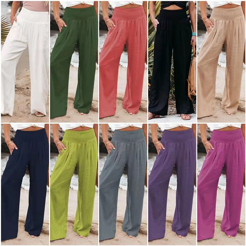 Spring Summer for Women New Women Pants Office Lady Cotton Linen Pockets Solid Loose Casual White Wide Leg Long Trousers