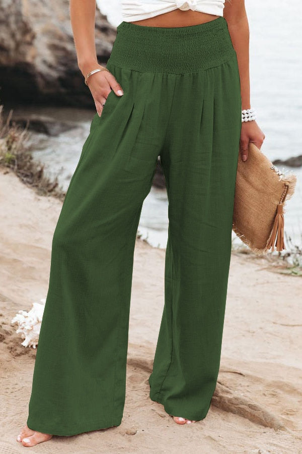 Spring Summer for Women New Women Pants Office Lady Cotton Linen Pockets Solid Loose Casual White Wide Leg Long Trousers Green