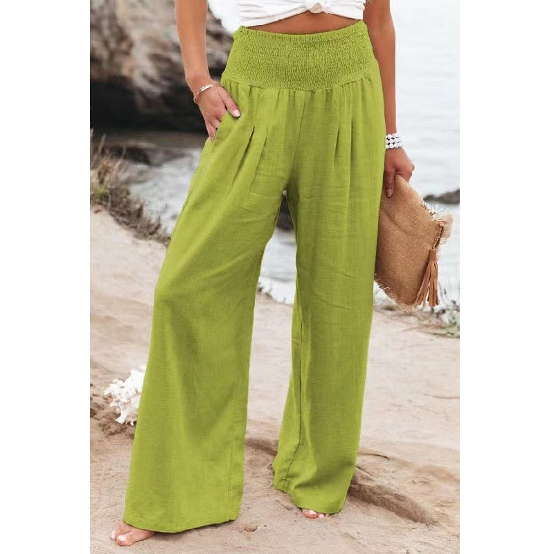 Spring Summer for Women New Women Pants Office Lady Cotton Linen Pockets Solid Loose Casual White Wide Leg Long Trousers Bright Green