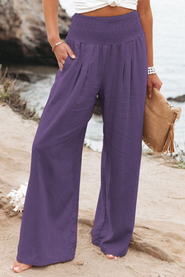Spring Summer for Women New Women Pants Office Lady Cotton Linen Pockets Solid Loose Casual White Wide Leg Long Trousers Purple
