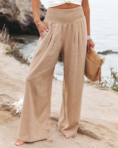 Spring Summer for Women New Women Pants Office Lady Cotton Linen Pockets Solid Loose Casual White Wide Leg Long Trousers Khaki