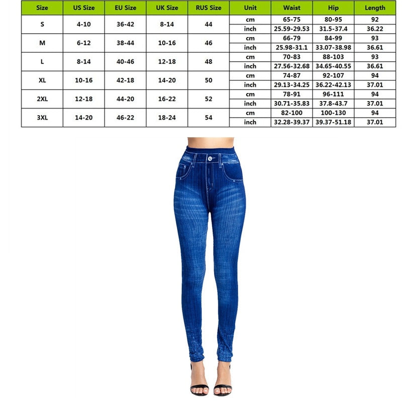 Stretch Well Fitness Fake Pockets High Waist Leggings Faux Denim Jeans Sexy Elastic Jeggings Soft Casual Thin Pencil Pants