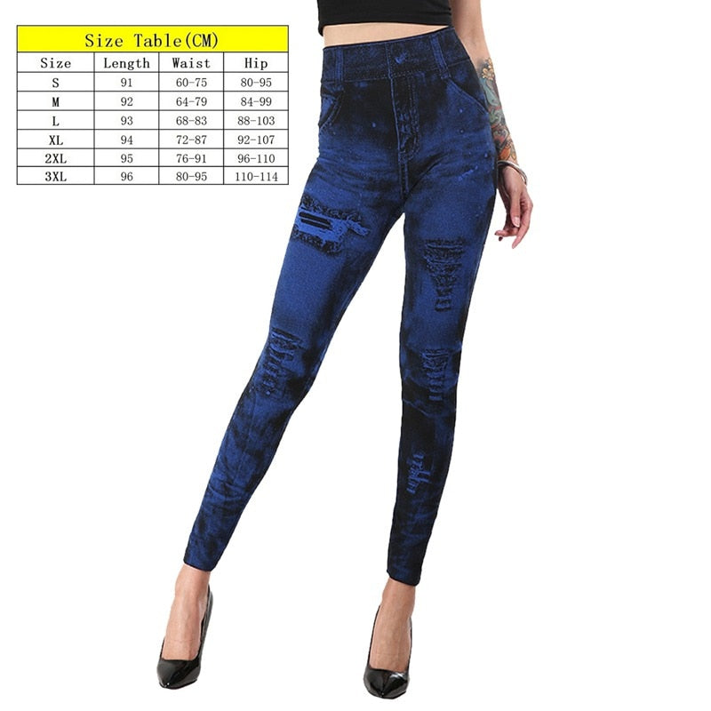 Stretch Well Fitness Fake Pockets High Waist Leggings Faux Denim Jeans Sexy Elastic Jeggings Soft Casual Thin Pencil Pants