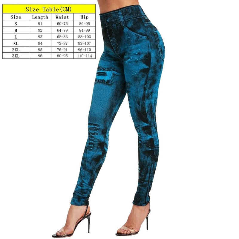 Stretch Well Fitness Fake Pockets High Waist Leggings Faux Denim Jeans Sexy Elastic Jeggings Soft Casual Thin Pencil Pants