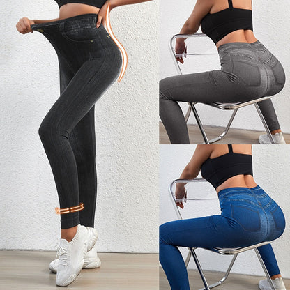 Stretch Well Fitness Fake Pockets High Waist Leggings Faux Denim Jeans Sexy Elastic Jeggings Soft Casual Thin Pencil Pants