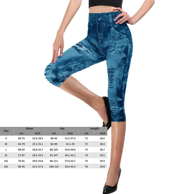 Stretch Well Fitness Fake Pockets High Waist Leggings Faux Denim Jeans Sexy Elastic Jeggings Soft Casual Thin Pencil Pants