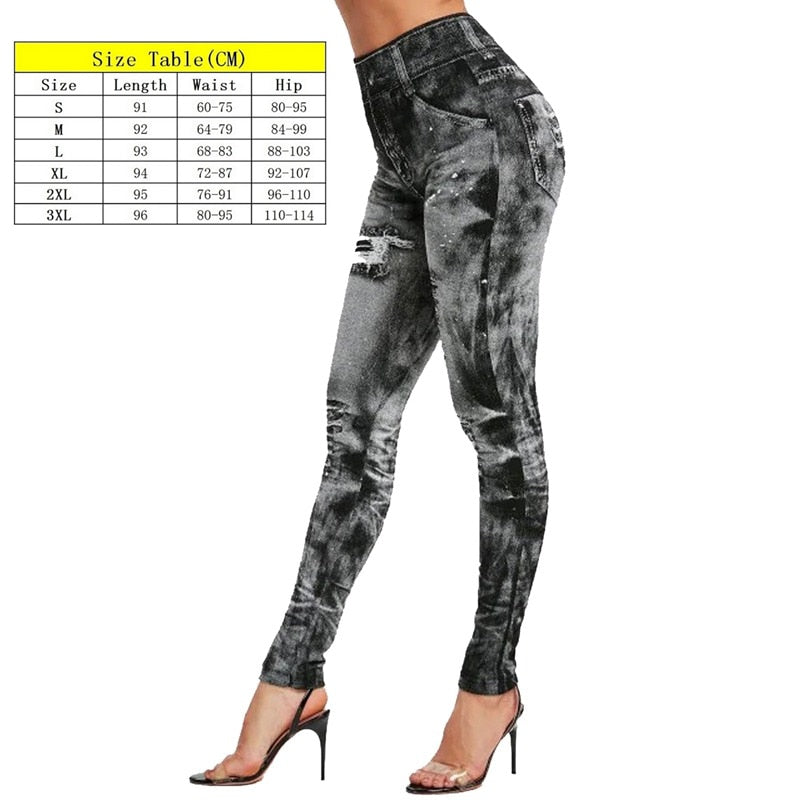 Stretch Well Fitness Fake Pockets High Waist Leggings Faux Denim Jeans Sexy Elastic Jeggings Soft Casual Thin Pencil Pants