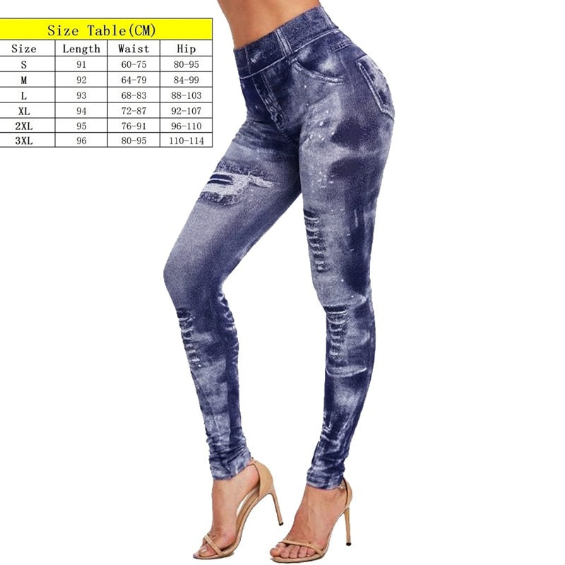 Stretch Well Fitness Fake Pockets High Waist Leggings Faux Denim Jeans Sexy Elastic Jeggings Soft Casual Thin Pencil Pants