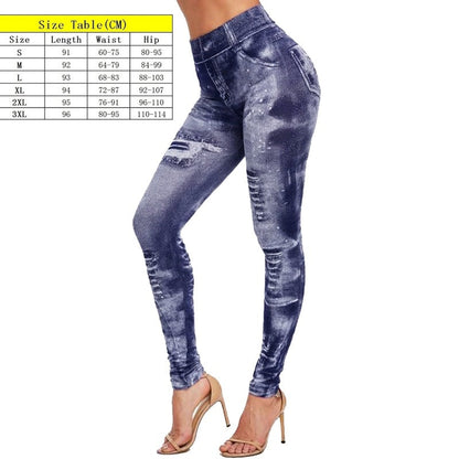 Stretch Well Fitness Fake Pockets High Waist Leggings Faux Denim Jeans Sexy Elastic Jeggings Soft Casual Thin Pencil Pants