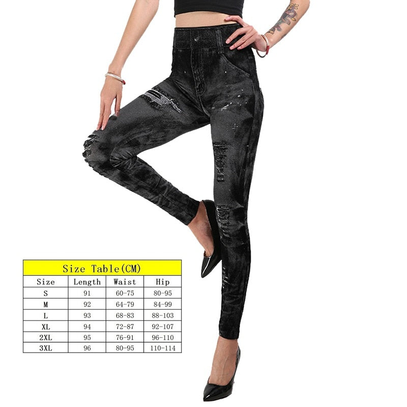 Stretch Well Fitness Fake Pockets High Waist Leggings Faux Denim Jeans Sexy Elastic Jeggings Soft Casual Thin Pencil Pants