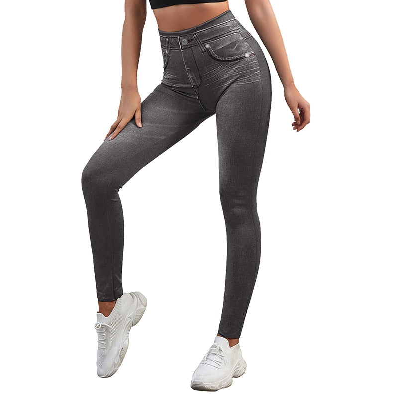 Stretch Well Fitness Fake Pockets High Waist Leggings Faux Denim Jeans Sexy Elastic Jeggings Soft Casual Thin Pencil Pants