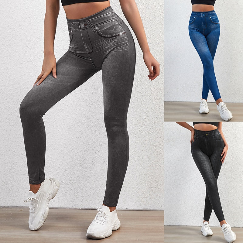 Stretch Well Fitness Fake Pockets High Waist Leggings Faux Denim Jeans Sexy Elastic Jeggings Soft Casual Thin Pencil Pants