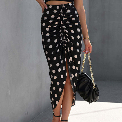 Summer Charm High Waist Split Midi Skirt Slim Party Bodycon Skirt Polk Dot Drawstring Casual Skirt Sexy Irregular Skirts Women black