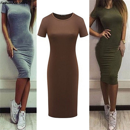 Summer Dresses Women Knee-Length Skinny Office Dress Short Sleeve Bandage Bodycon Beach Dress Vestidos Robes